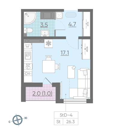 Студия 26.3 м²