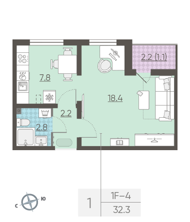 Однокомнатная квартира 32.3 м²