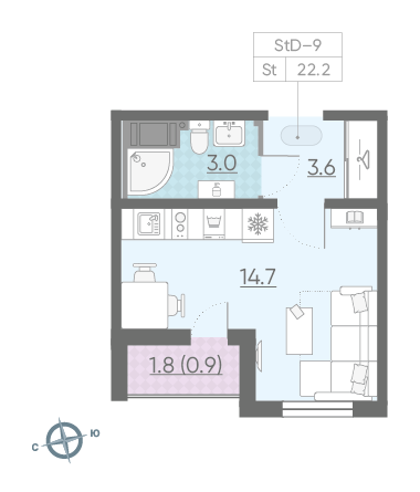 Студия 22.2 м²