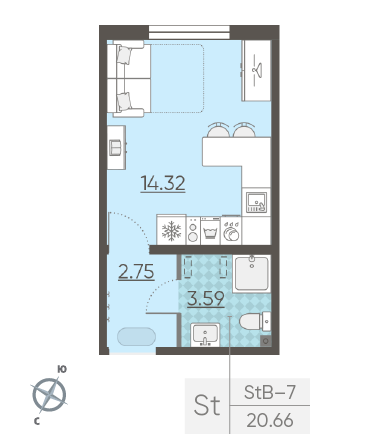 Студия 20.66 м²
