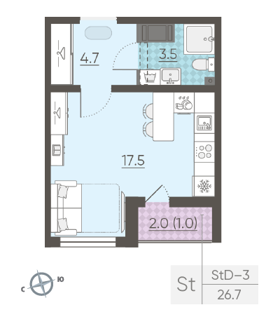 Студия 26.7 м²
