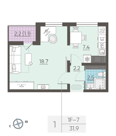 Однокомнатная квартира 31.9 м²
