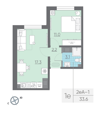 Однокомнатная квартира 33.6 м²