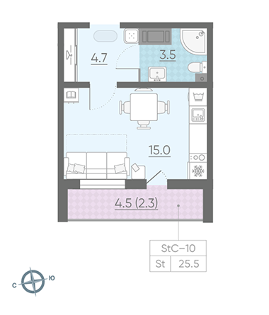 Студия 25.5 м²