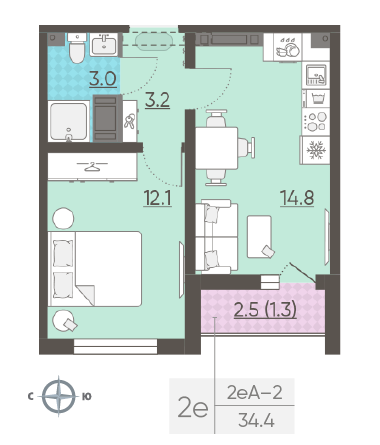 Однокомнатная квартира 34.4 м²