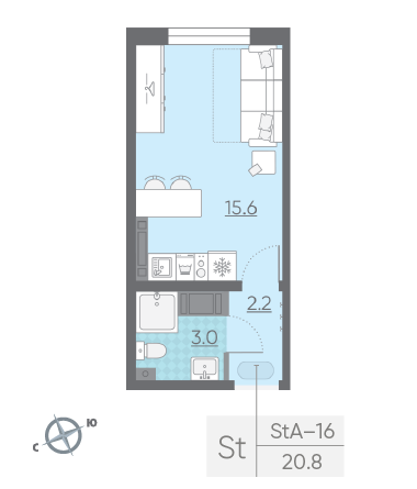Студия 20.8 м²