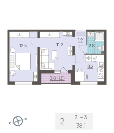 Двухкомнатная квартира 38.1 м²