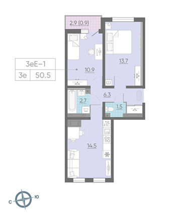 Двухкомнатная квартира 50.5 м²