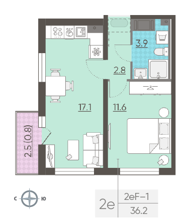 Однокомнатная квартира 36.2 м²