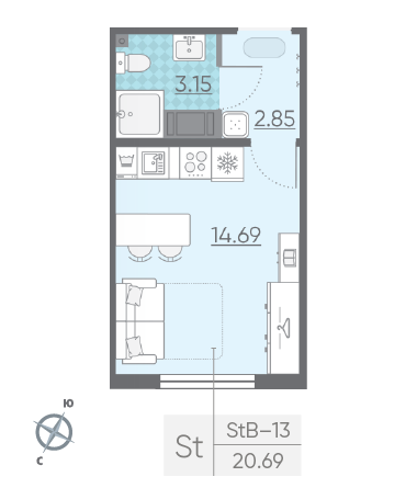 Студия 20.69 м²