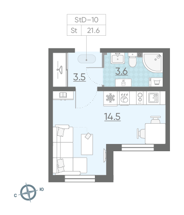 Студия 21.6 м²