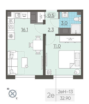 Однокомнатная квартира 32.9 м²