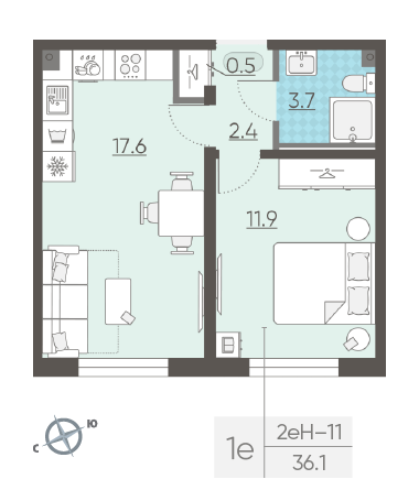 Однокомнатная квартира 36.1 м²