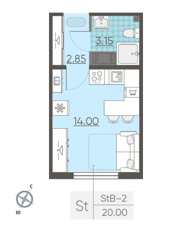 Студия 20 м²