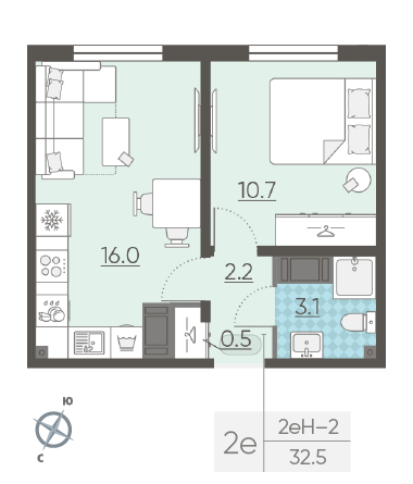 Однокомнатная квартира 32.5 м²