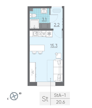 Студия 20.6 м²