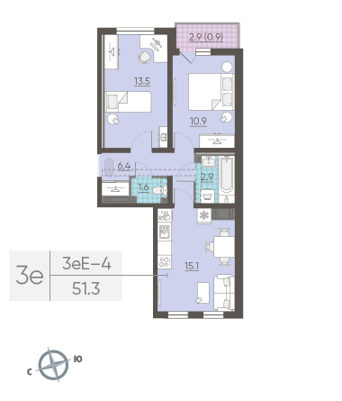 Двухкомнатная квартира 51.3 м²
