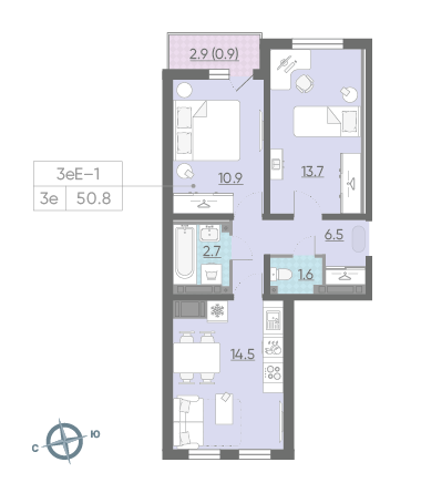Двухкомнатная квартира 50.8 м²