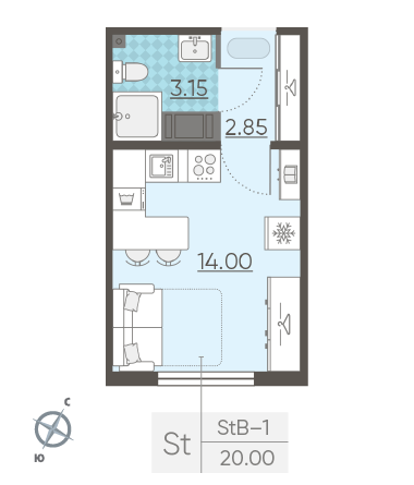 Студия 20 м²