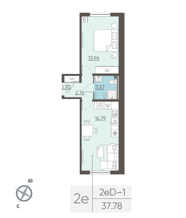 Однокомнатная квартира 37.78 м²