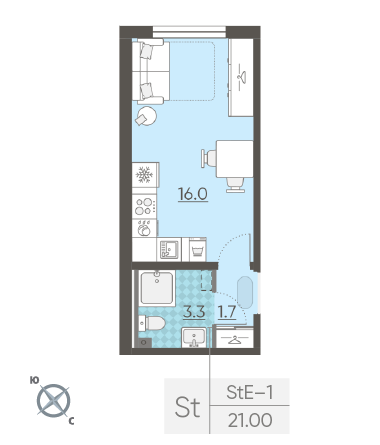 Студия 21 м²