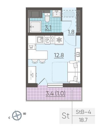 Студия 18.7 м²