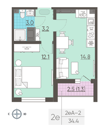 Однокомнатная квартира 34.4 м²