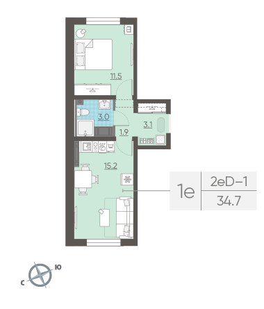 Однокомнатная квартира 34.7 м²