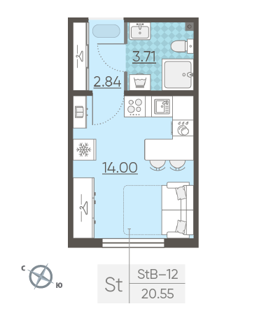 Студия 20.55 м²
