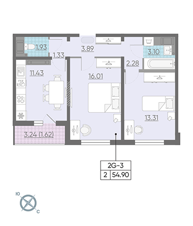 Двухкомнатная квартира 54.9 м²
