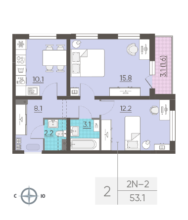 Двухкомнатная квартира 53.1 м²