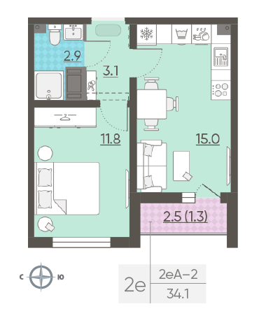 Однокомнатная квартира 34.1 м²