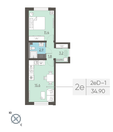 Однокомнатная квартира 34.9 м²