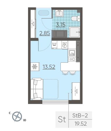 Студия 19.52 м²