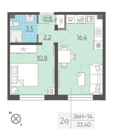 Однокомнатная квартира 33.4 м²