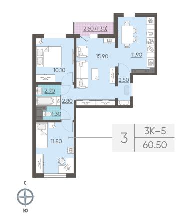 Трёхкомнатная квартира 60.5 м²
