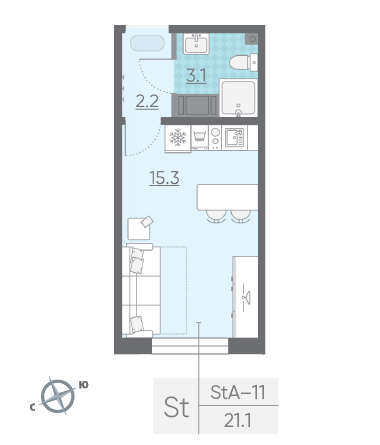Студия 21.1 м²