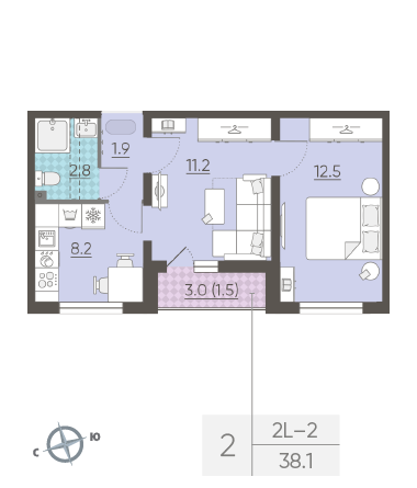 Двухкомнатная квартира 38.1 м²