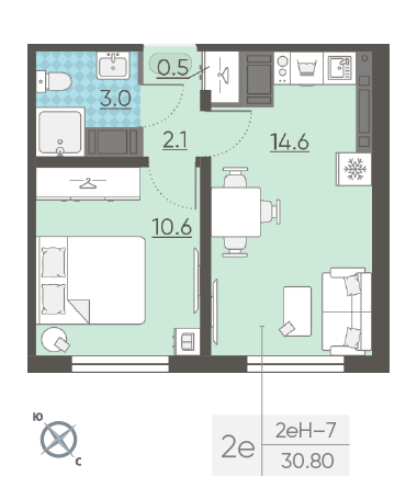 Однокомнатная квартира 30.8 м²