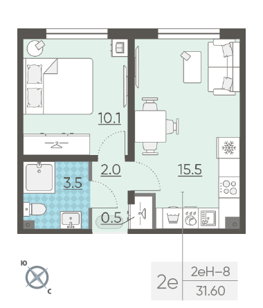 Однокомнатная квартира 31.6 м²