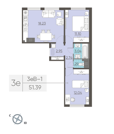 Двухкомнатная квартира 51.39 м²