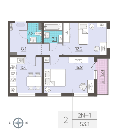 Двухкомнатная квартира 53.1 м²