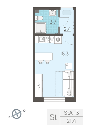 Студия 21.4 м²