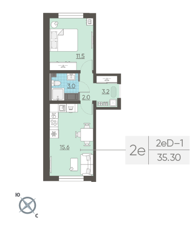 Однокомнатная квартира 35.3 м²