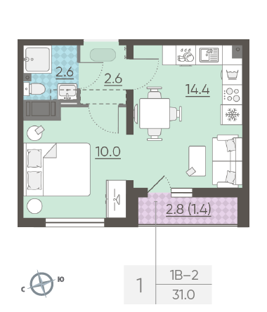 Однокомнатная квартира 31 м²