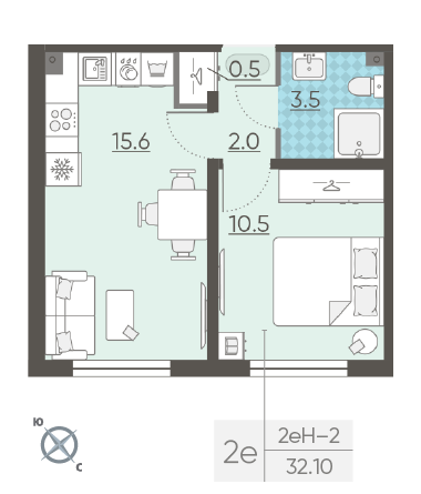 Однокомнатная квартира 32.1 м²
