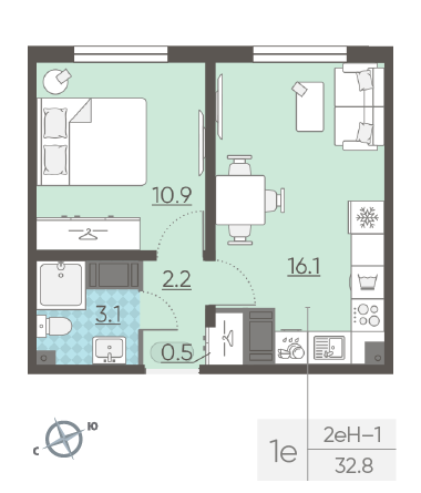 Однокомнатная квартира 32.8 м²
