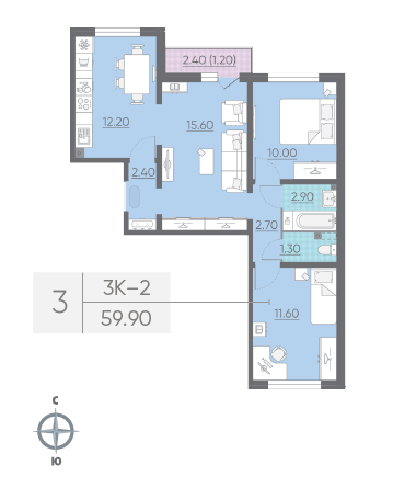 Трёхкомнатная квартира 59.9 м²