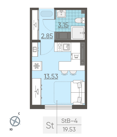 Студия 19.53 м²