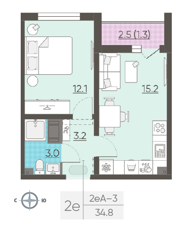 Однокомнатная квартира 34.8 м²